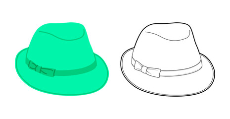 Fedora Hat with band and bow. Head Fashion accessory cap clothing technical illustration. Vector headgear for Men, women, unisex style, flat template CAD mockup sketch outline isolated