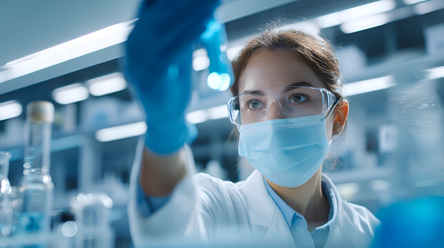 Medical research scientist examining blue solution in flask in laboratory - Powered by Adobe