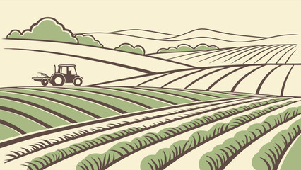Vector Illustration of a Tractor Working in a Farm Field.