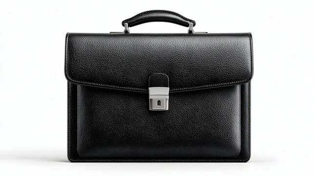 Black leather briefcase on a white background.