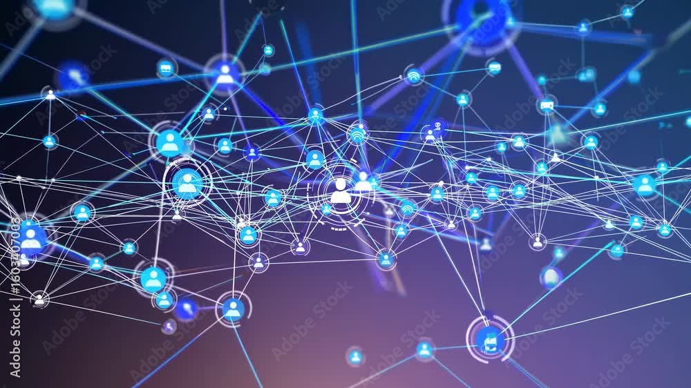 Poster dynamic video concept of a digital network with glowing nodes and connections. top-down angle highli