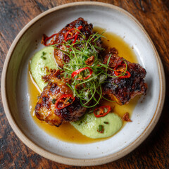 Glazed Chicken Thighs with Avocado-Coconut Puree and Chili Garnish
