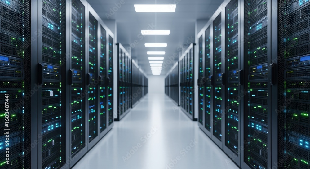 Poster symmetrical composition of densely packed servers along a sleek corridor in a cloud computing facili