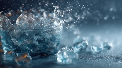 Refreshing splash: Ice cubes falling into a glass with water and droplets