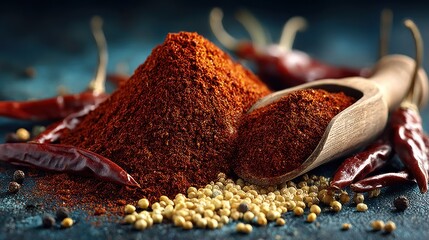 Pile of red chili powder with wooden scoop and peppercorns
