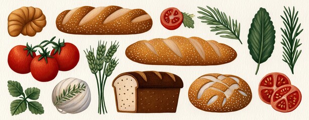 Flat Lay Organic Grocery Aesthetic A collection of fresh breads, tomatoes, herbs, and ingredients for a delicious meal.