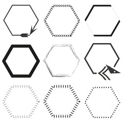 Arrowhead hexagon shape. Broken edge symbol. Vector sharp frame. Direction outline icon.