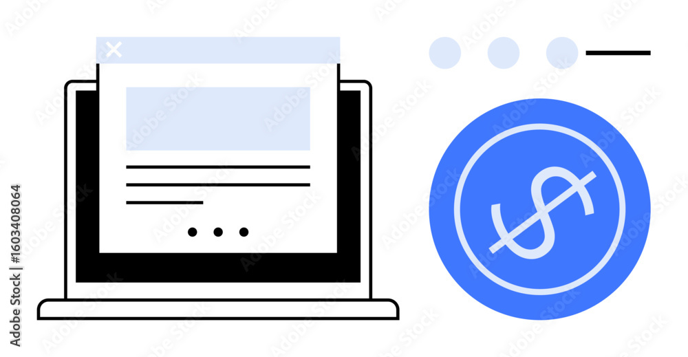Poster laptop screen displaying an online form beside a blue dollar icon with subtle design elements. ideal