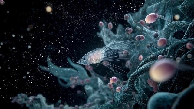 Artistic representation of a microscopic world featuring zooplankton consuming luminescent microplastic particles. This visually striking composition captures the stark reality of microplastic