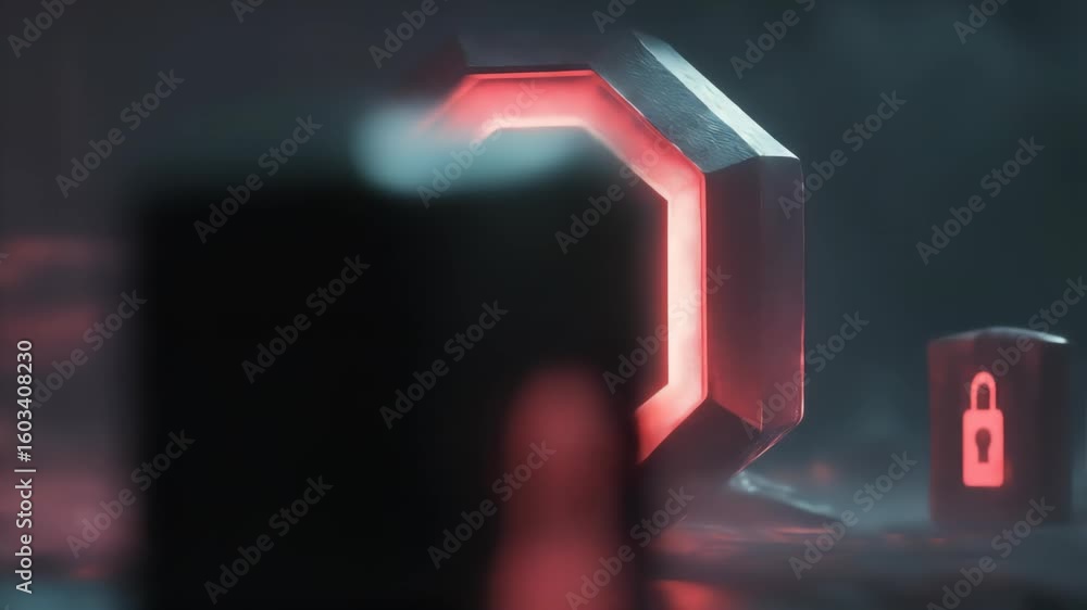 Poster illuminated red geometric shapes with a digital aesthetic on a dark background featuring fog. modern