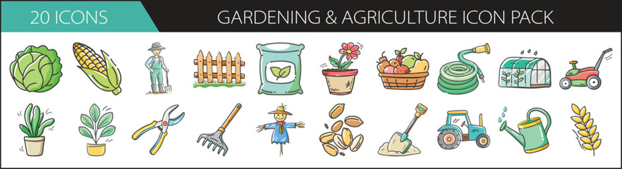 20 Gardening and Agriculture Icons Hand-Drawn Style - A collection of 20 colorful hand-drawn icons featuring gardening tools, farm produce, plants, and agricultural equipment. © SulaimanIslam