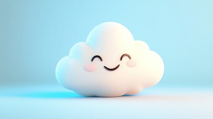 Happy little cloud character smiles against a pastel blue background. This cheerful 3D render is perfect for children's illustrations, websites, or apps.