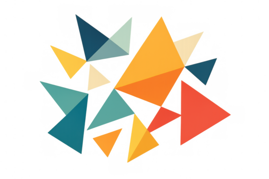 Vibrant geometric triangles intersecting, creating dynamic abstract pattern with translucent overlay, perfect for contemporary graphic design
