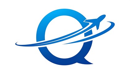 Blue stylized letter 'Q' with airplane graphic