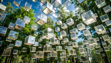 Suspended Cubes Reflecting Sky and Trees