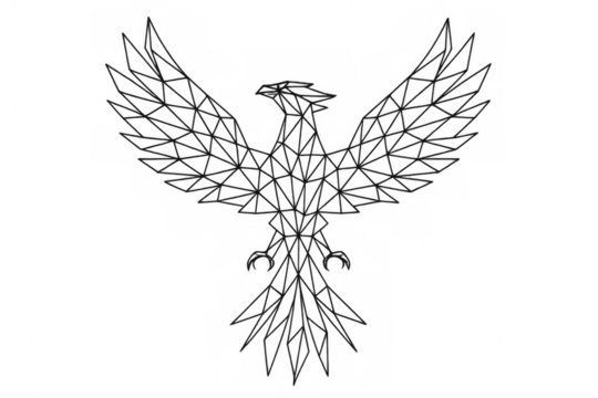 Low poly phoenix spreading its geometric wings, a symbol of rebirth and renewal, on a transparent background