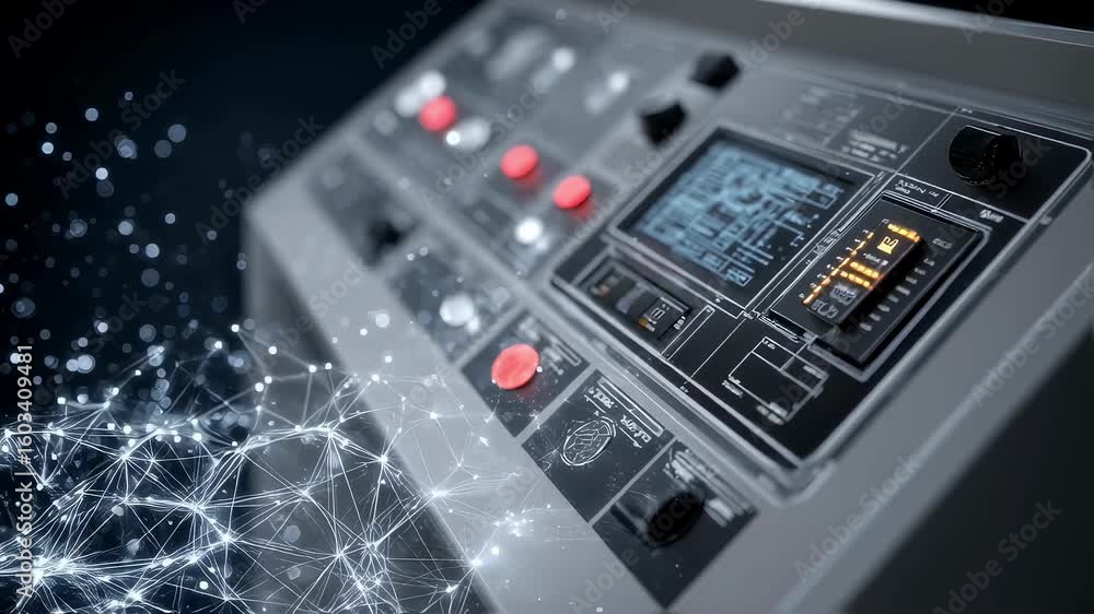 Poster futuristic control panel featuring illuminated buttons and a digital display, managing complex netwo
