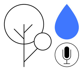 Simple tree outline, blue water drop, and microphone symbolizing nature, sustainability, communication. Ideal for environment, podcasts, education, climate action minimal design media projects