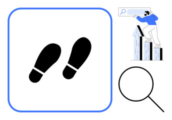 Black footprints inside a blue-bordered square, magnifying glass, and individual exploring data. Ideal for research, analytics, discovery, guidance, navigation curiosity progress. Simple flat