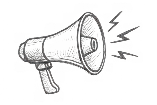 Megaphone sketch with dynamic sound waves radiating, creating visual communication impact against transparent background