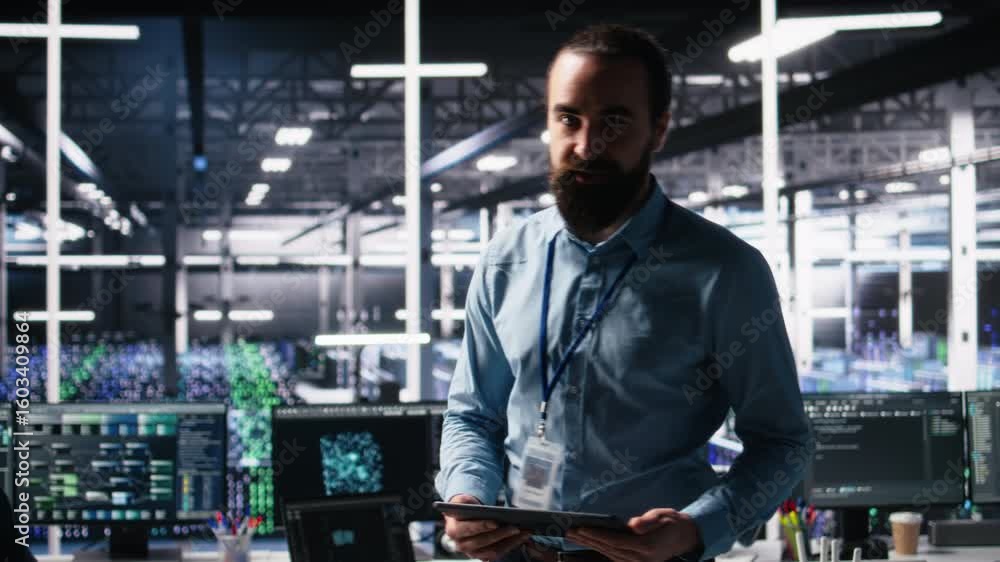 Poster data center system administrator showcasing supercomputers gear and ai technology, filming presentat