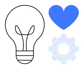 Lightbulb, blue heart, and semi-transparent gear aligned as symbols of creativity, passion, and innovation. Ideal for teamwork, problem-solving, technology, collaboration growth inspiration simple