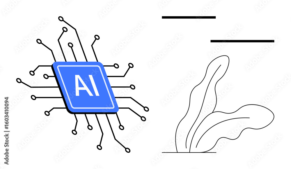 Poster blue ai microchip with connecting circuit lines paired with abstract plant leaves and minimal lines.