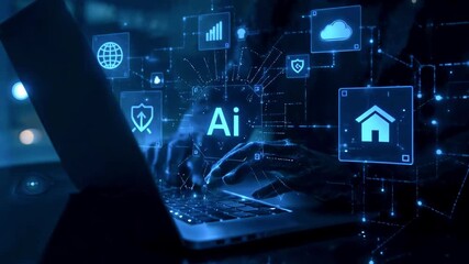 Close-up of hands typing on a laptop showcasing AI technology with digital icons in a dark setting - Powered by Adobe
