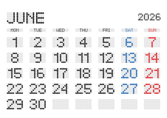 2026年6月の電光掲示板風カレンダー 月曜始まり