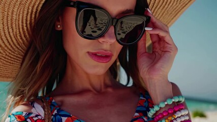 Stylish woman in a sun hat and colorful bracelets, captured from a low angle. Beach setting suggests a vibrant summer video concept.