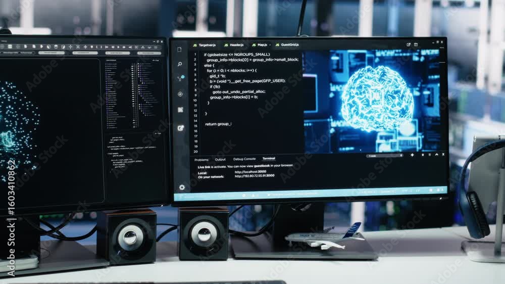 Poster data center computers showing neural network visualization and code debugging tools running. pc syst
