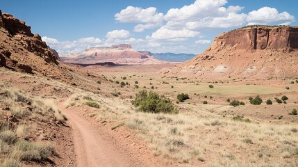 Fototapeta premium Red rock canyon trail winds through arid landscape