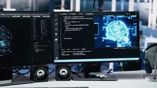 Data center computers showing neural network visualization and code debugging tools running. PC systems in server room powering machine learning and automated research tasks