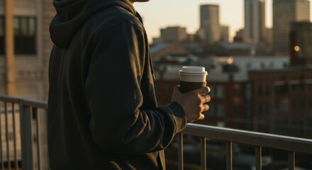 A person enjoys a warm beverage while overlooking a city skyline during the golden hour.
