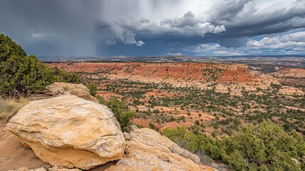 Vast, colorful canyon landscape under a stormy sky. Large rock foreground