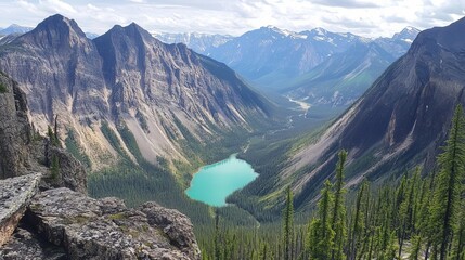 High-angle view of turquoise lake nestled in a mountain valley