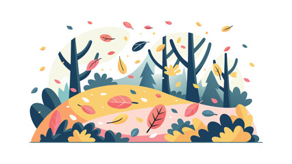 Flat vector illustration of autumn forest with swirling colorful leaves and bare trees, warm mood, Thanksgiving and fall harvest concept, hilly landscape