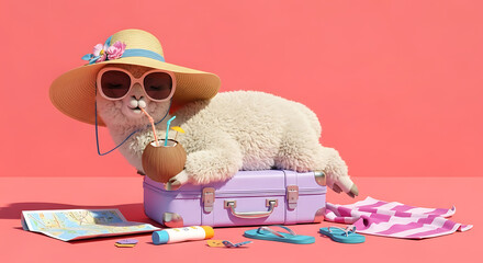 Llama's Summer Vacation A Cheerful Animal with Sunglasses, Swim Ring, and Umbrella Against a Colorful Background