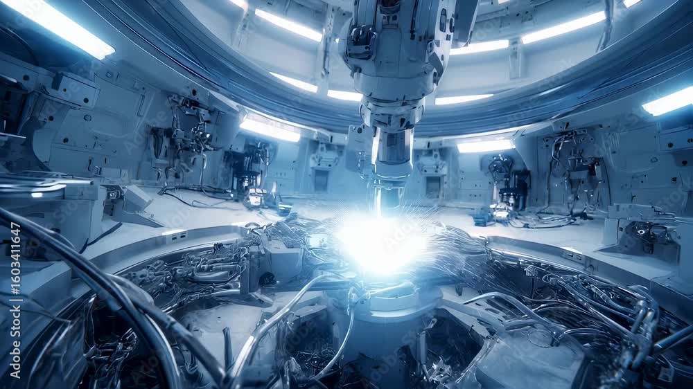 Poster robotic arm performs precise welding operations within a state of the art, futuristic factory, showc