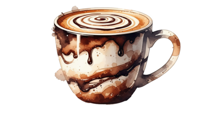 Watercolor illustration of a coffee cup with chocolate sauce and spiral design on top surface
