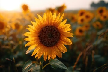Sunflower blooms in a field during sunset. Warm atmosphere, possible wallpaper
