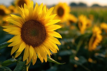 Fototapeta premium Sunflower Close-Up in Field at Sunset for Agriculture Industry and Summer Concept