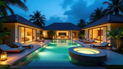 Fototapeta premium Tropical evening view of a modern home with a pool and jacuzzi.