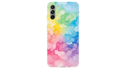 Close up of a phone case with a colorful watercolor design and camera lenses on a black background