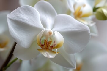 White orchid flower blooms indoors, with blurry background, suitable for decoration