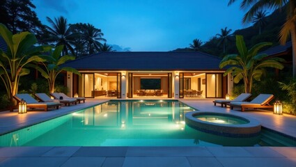 Fototapeta premium Luxurious evening view of a modern house with a pool and jacuzzi.