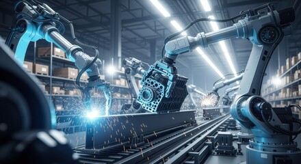 Fototapeta premium Multiaxis robots handling heavy materials in automated warehouse assembly.