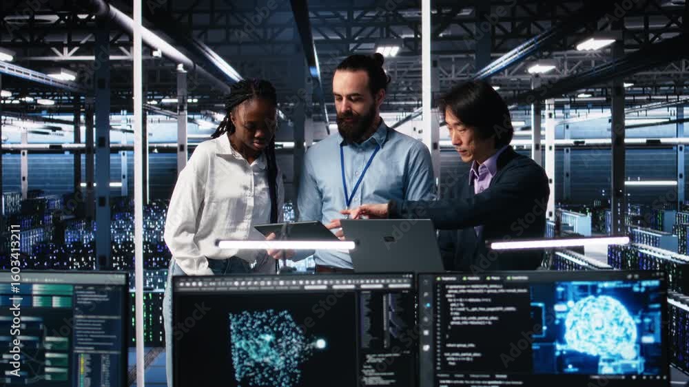 Poster happy data center colleagues collaborating on neural network software development. cheerful teamwork