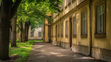 Fototapeta premium Sunny courtyard path with old buildings and trees