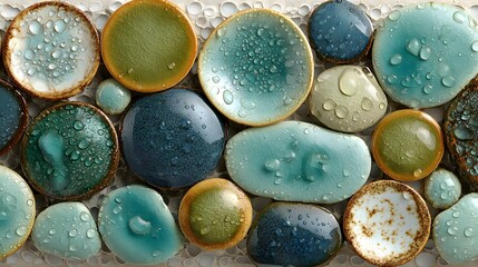 Close-up view of multicolored ceramic tiles shaped like stones.